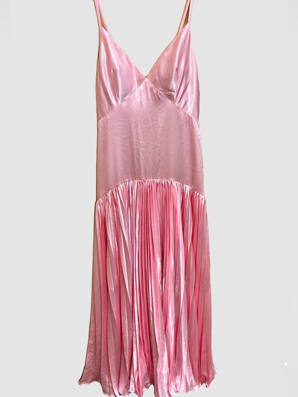 NWT Pink Satin Maxi Slip Dress with Pleated Skirt and Drop Waist